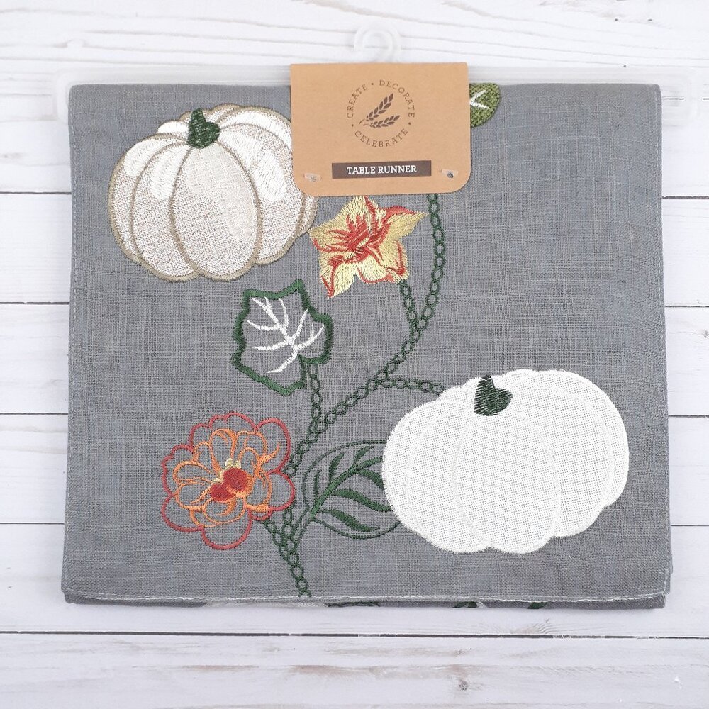 Fall Embroidered Table Runner 14x70 Rory Pumpkin Flowers Linen Blend Gray